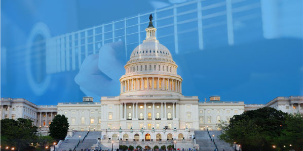 Capitol Hill with semi transparent guitar in sky above