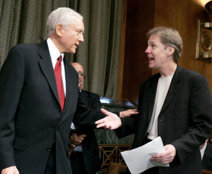 Senator Orin Hatch speaks with SGA President Rick Carnes during a Congressional hearing on intellectual property rights.
