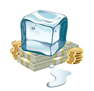 image of an ice cube sitting atop stacks of dollars bills and gold coins.